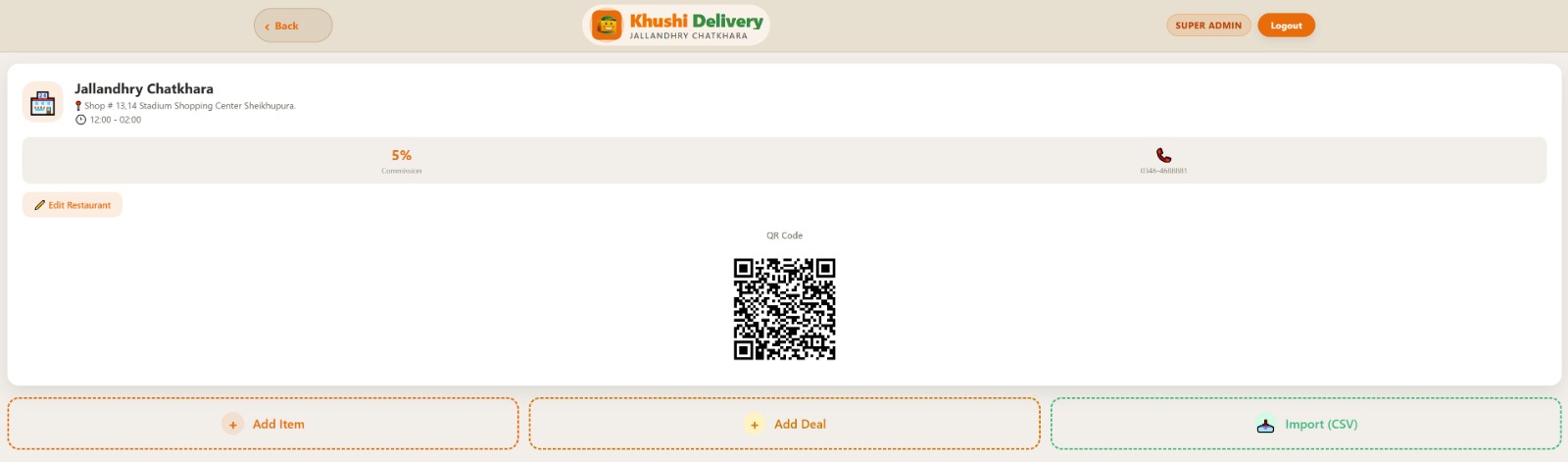 Restaurant detail with bulk CSV import section