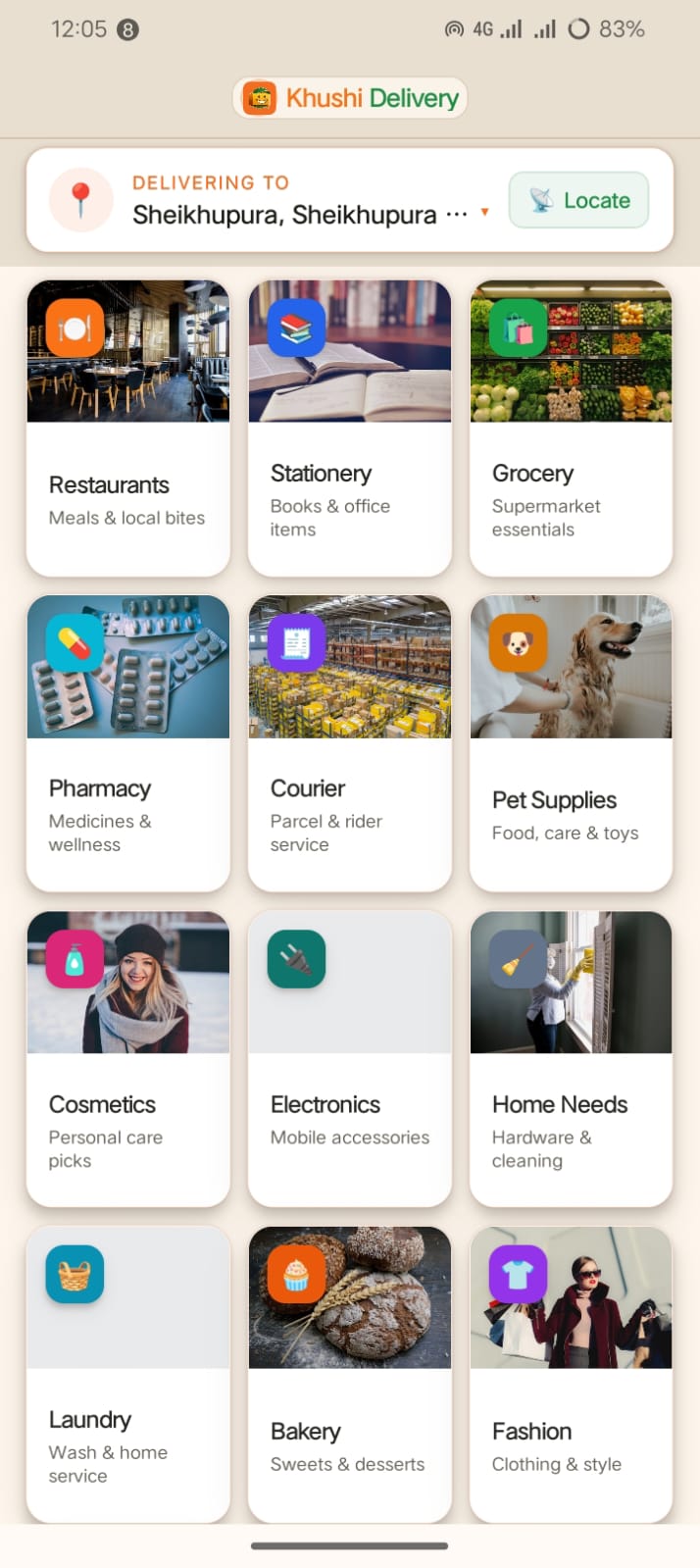 Customer home screen showing 13 store category grid