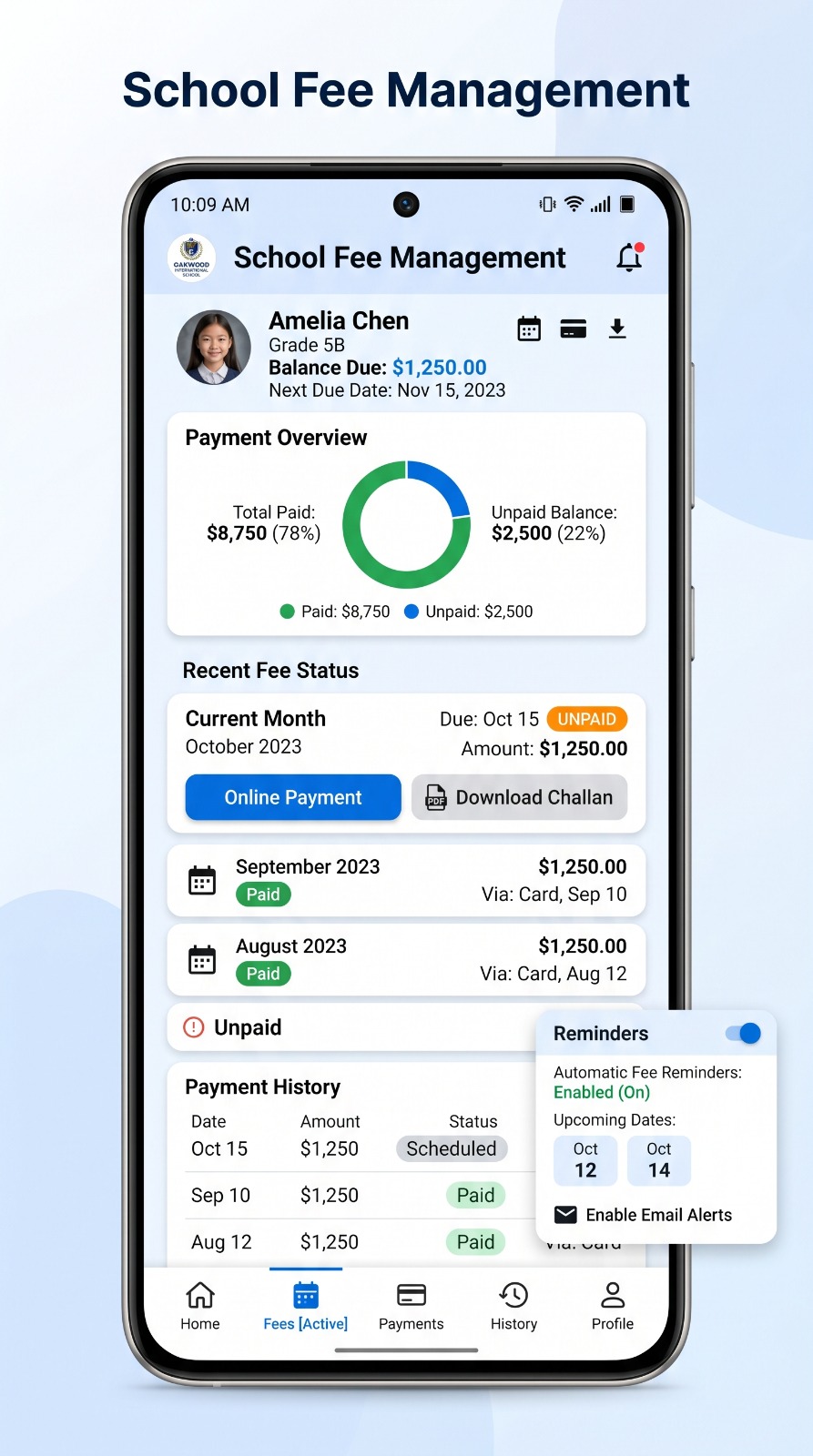 Parent Mobile Fee System with Pie Chart and Online Checkout
